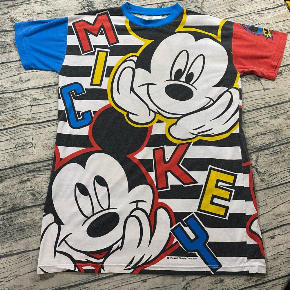 Walt Disney Mickey Mouse Vtg 90s Sleep Shirt Lingerie AOP Colorblock